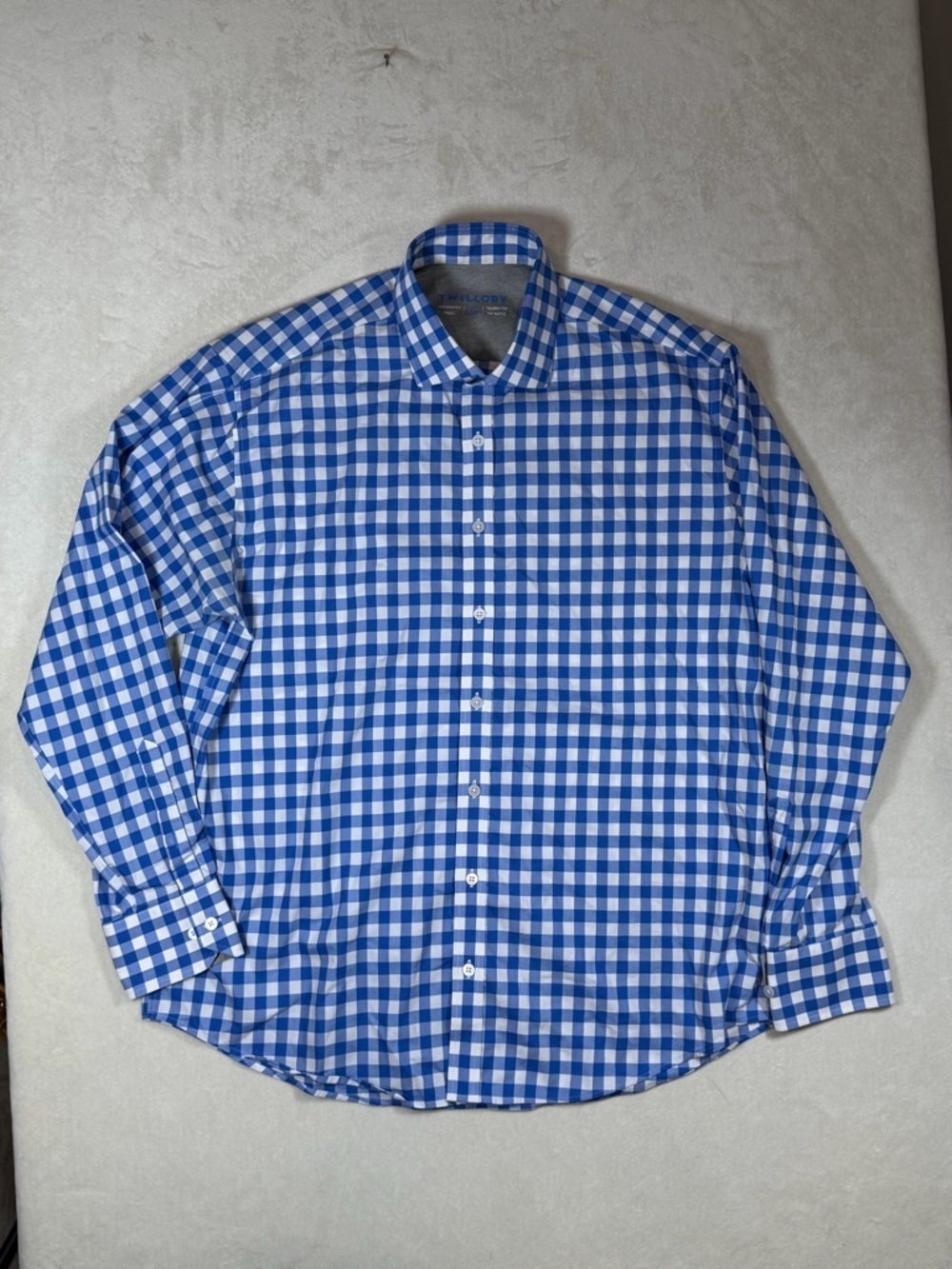Twillory 17 34-35 No Wrinkle Blue and White Gingham Dress Shirt Button-Down